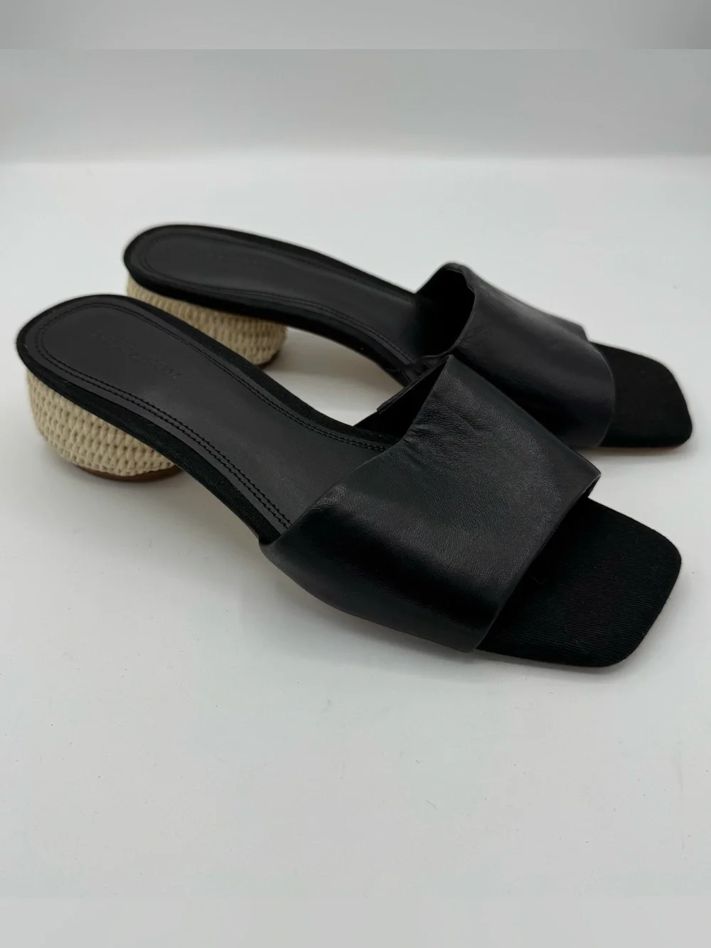 Nordstrom Winona Black Leather Raffia Block Heel Slide Sandals Women’s 6.5 NEW